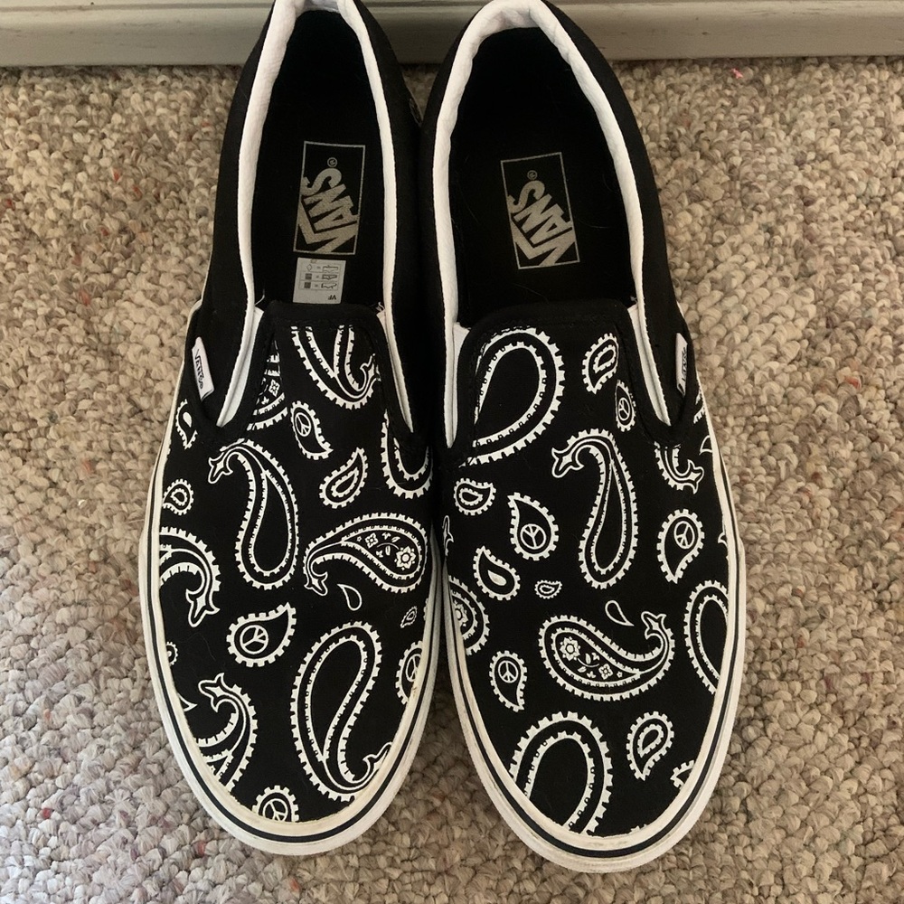 Vans Black and White Paisley Slip-On Shoes